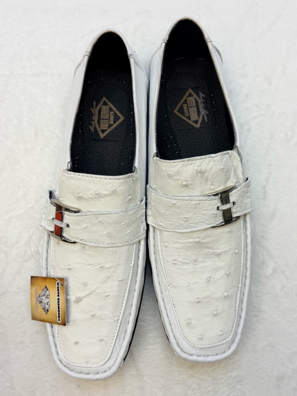 White Diamond Men's White Leather Loafers Slip-on with Decorative Buckle